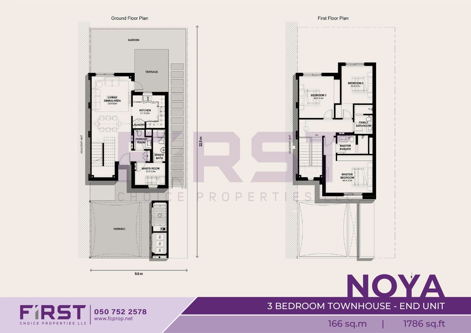 Floor Plan of 3 Bedroom Townhouse End Unit in Noya Yas Island Abu Dhabi UAE 166 sq.m 1786 sq.ft.jpg
