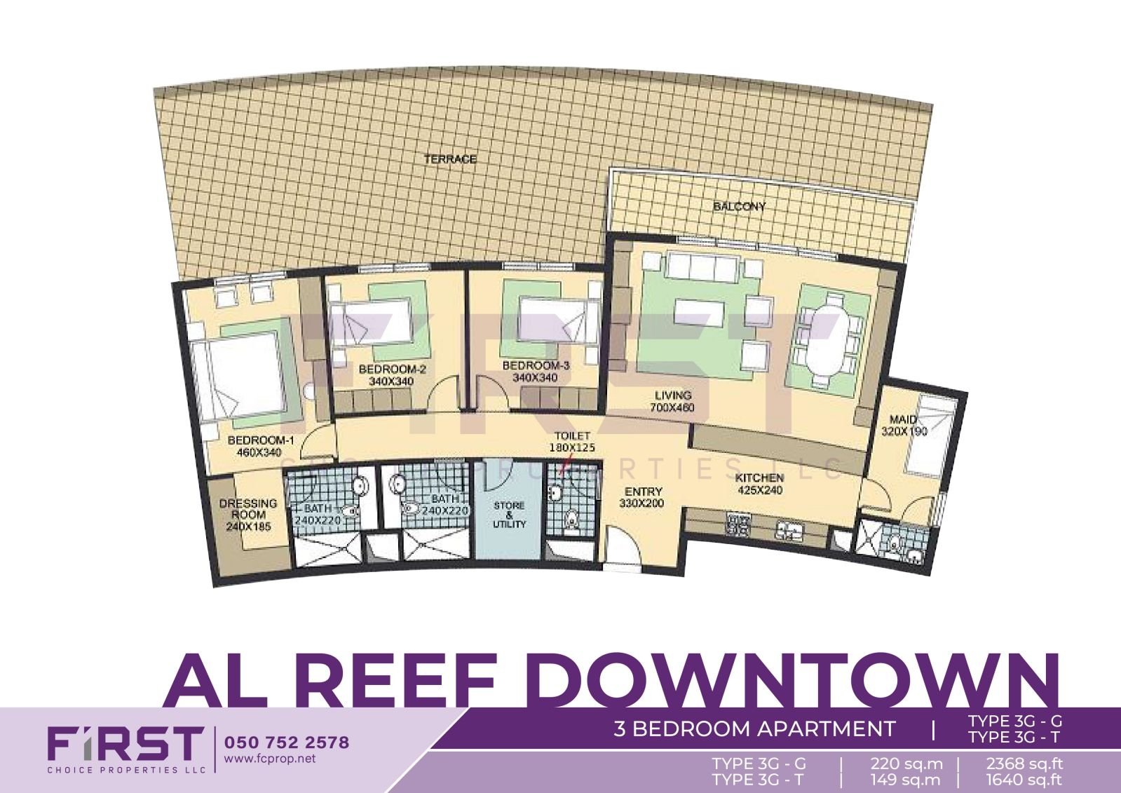 Floor Plan of 3 Bedroom Apartment TYPE 3G-G in Al Reef Downtown Al Reef Abu Dhabi UAE 220 sq.m 2368 sq.ft T 149sq.m 1640 sq.ft.jpg