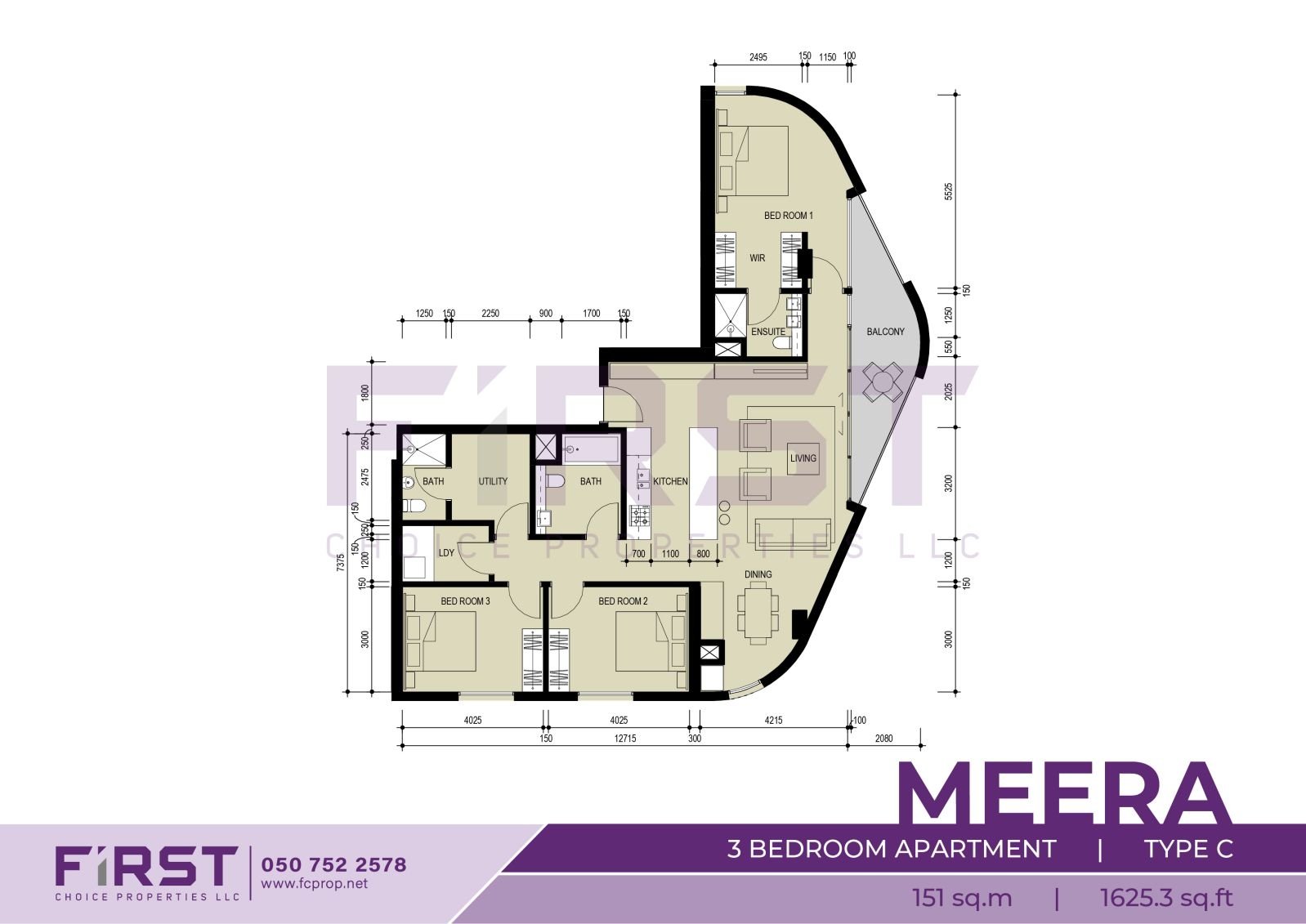Floor Plan of 3 Bedroom Apartment Type C in Meera Shams Al Reem Island Abu Dhabi UAE 151 sq.m 1625.3 sq.ft.jpg