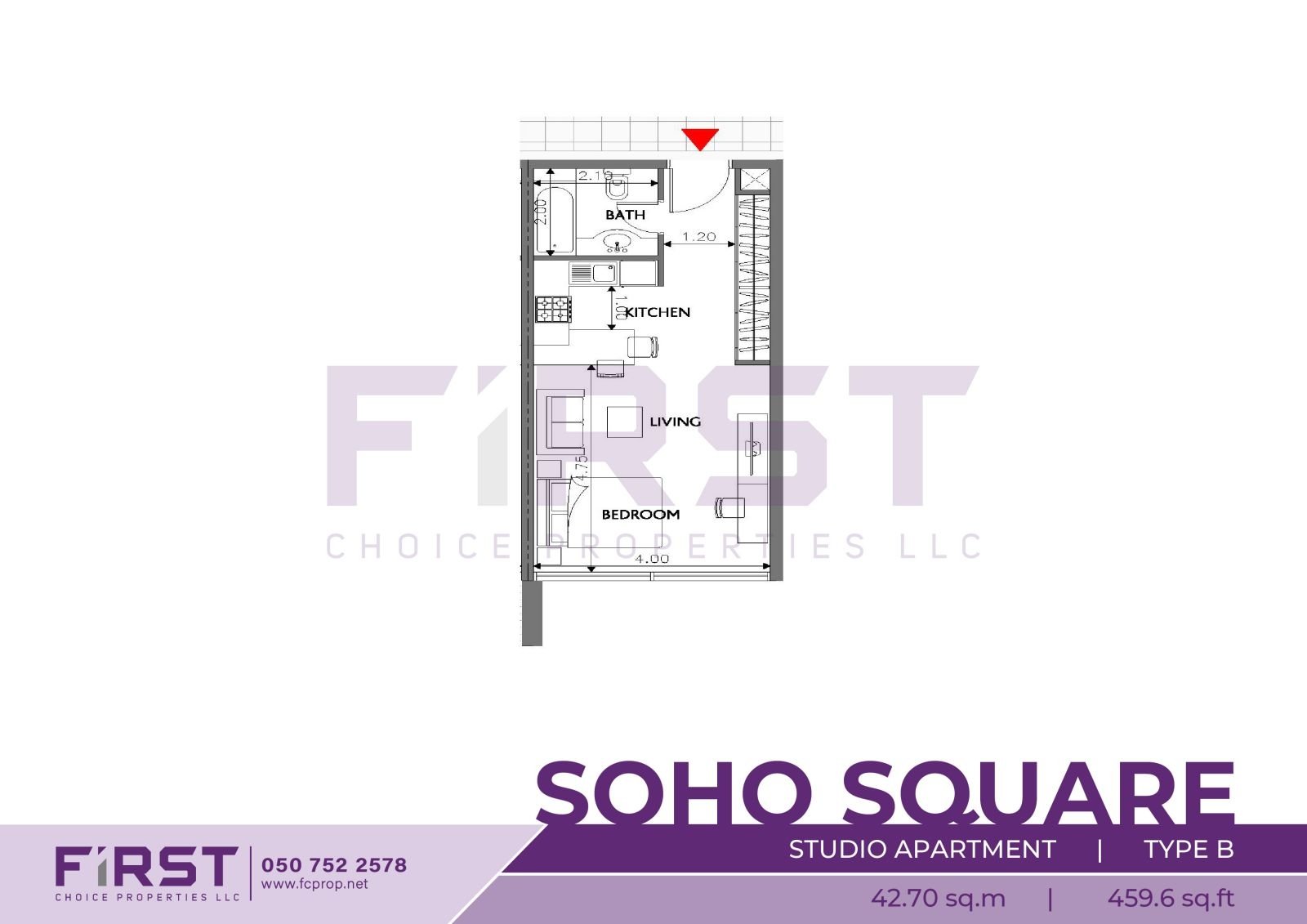 Floor Plan of Studio Apartment Type B in Soho Square Saadiyat Island Abu Dhabi UAE 42.70 sq.m 459.6 sq.ft.jpg