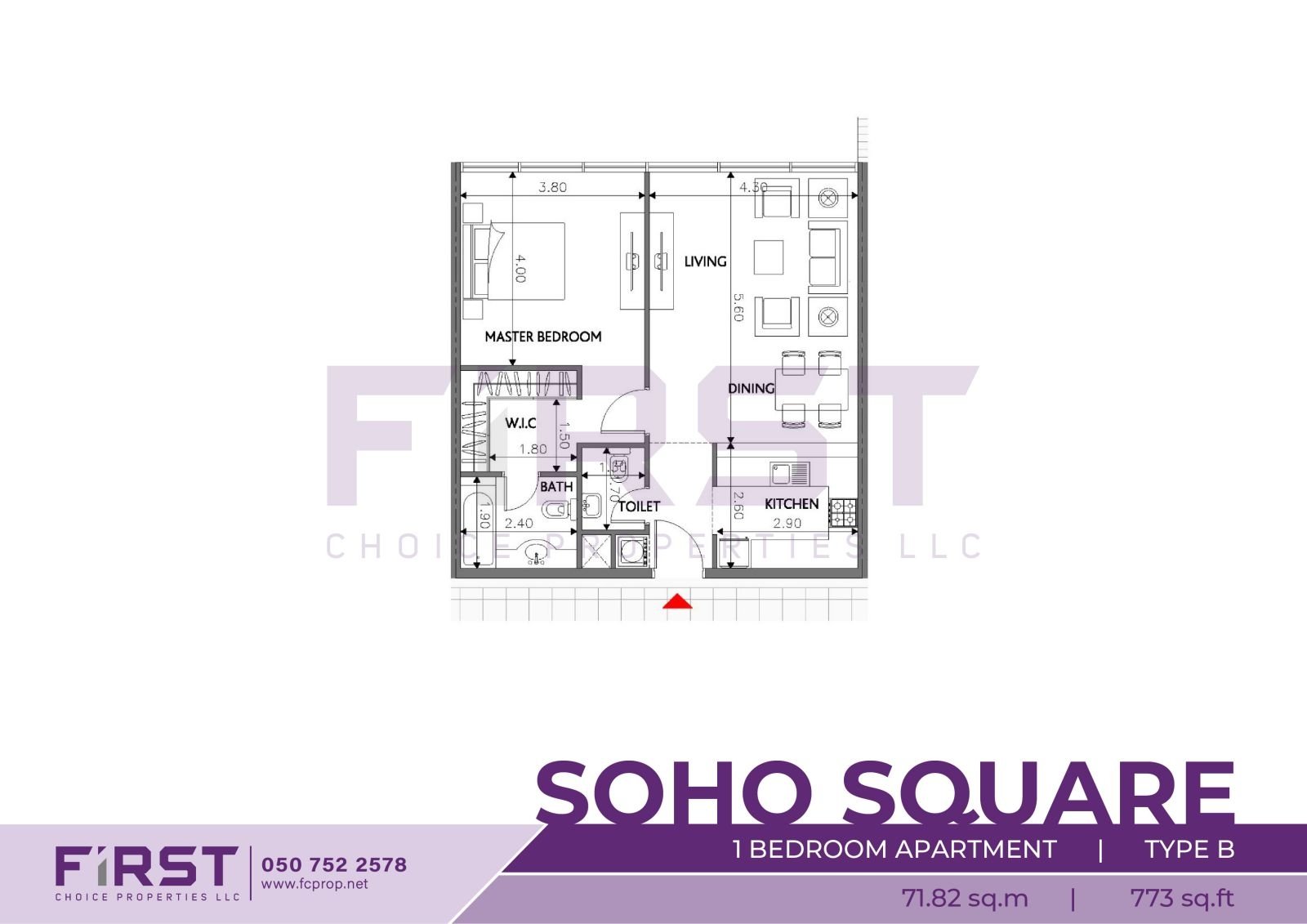 Floor Plan of 1 Bedroom Apartment Type B in Soho Square Saadiyat Island Abu Dhabi UAE 71.82 sq.m 773 sq.ft.jpg