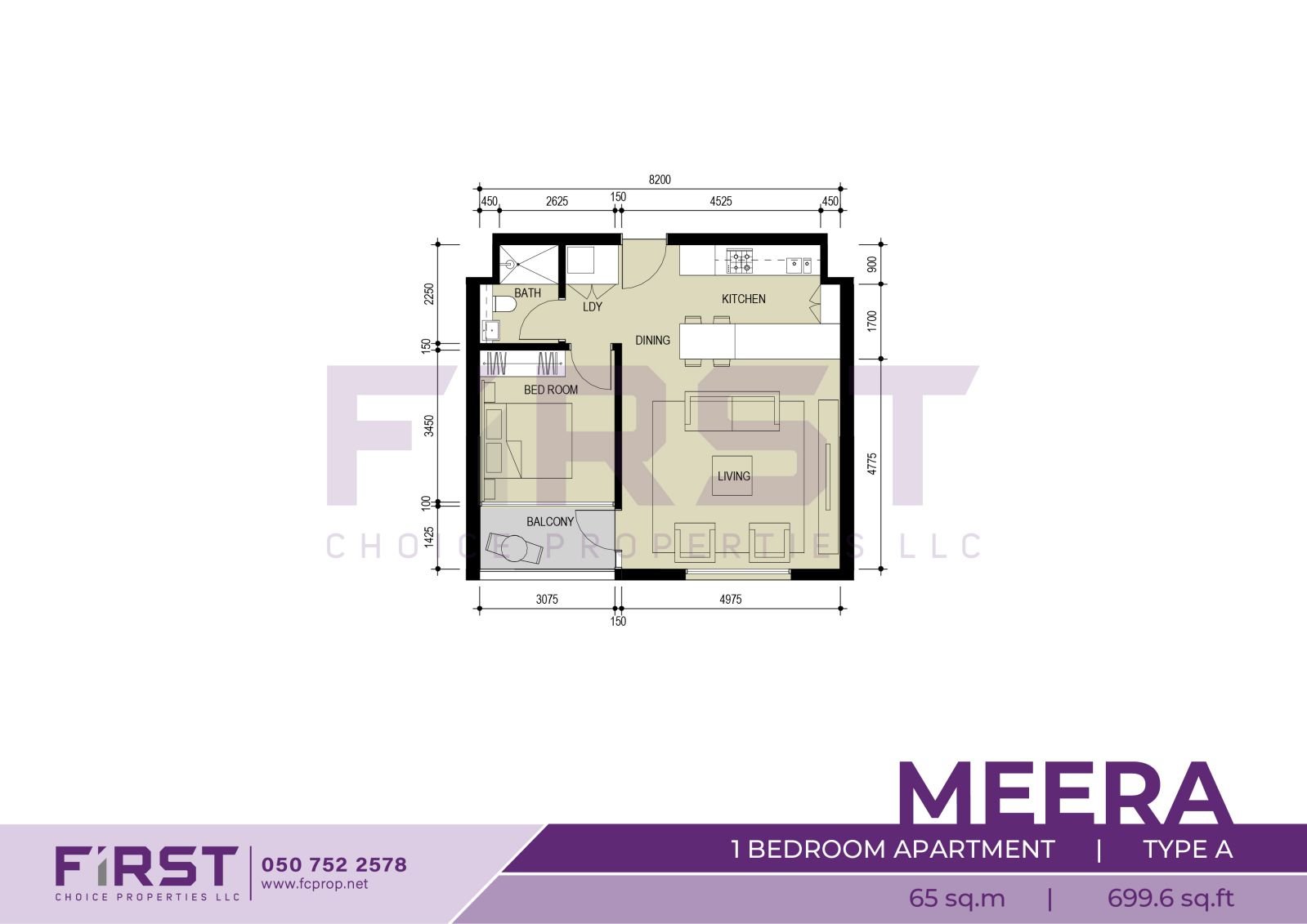 Floor Plan of 1 Bedroom Apartment Type A in Meera Shams Al Reem Island Abu Dhabi UAE 65 sq.m 699.6 sq.ft.jpg