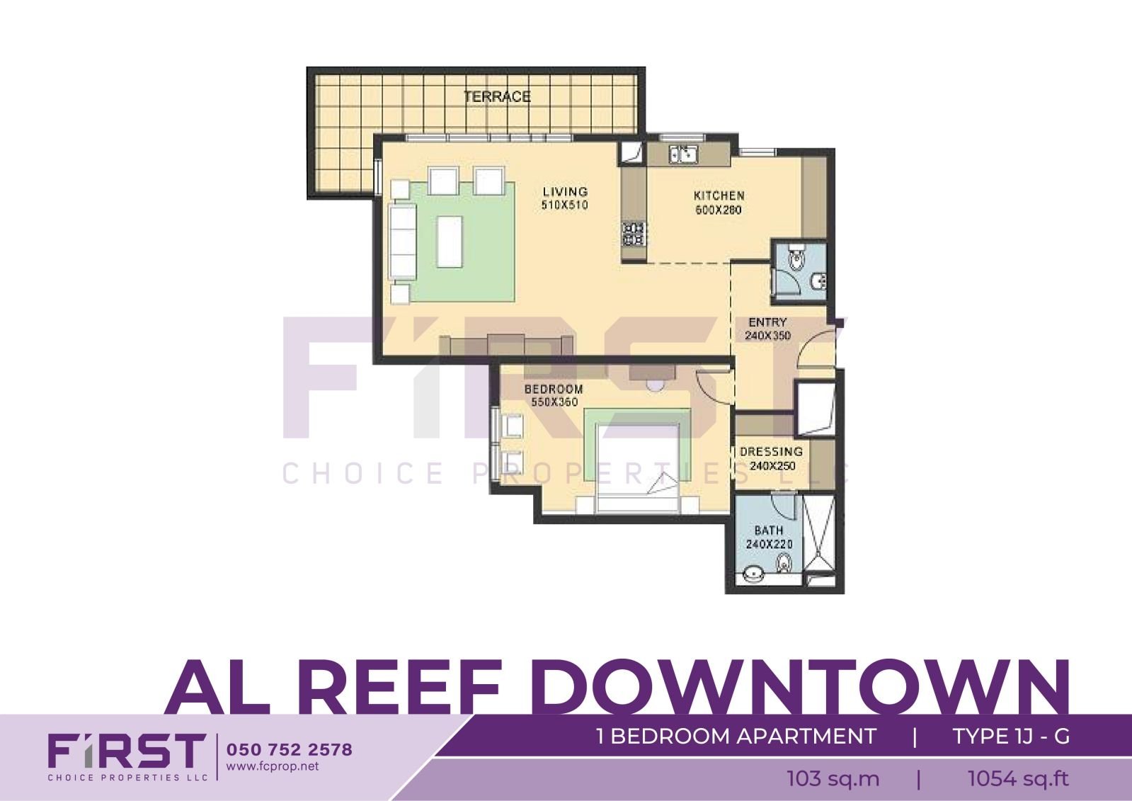 Floor Plan of 1 Bedroom Apartment TYPE 1J-G in Al Reef Downtown Al Reef Abu Dhabi UAE 103 sq.m 1054 sq.ft.jpg