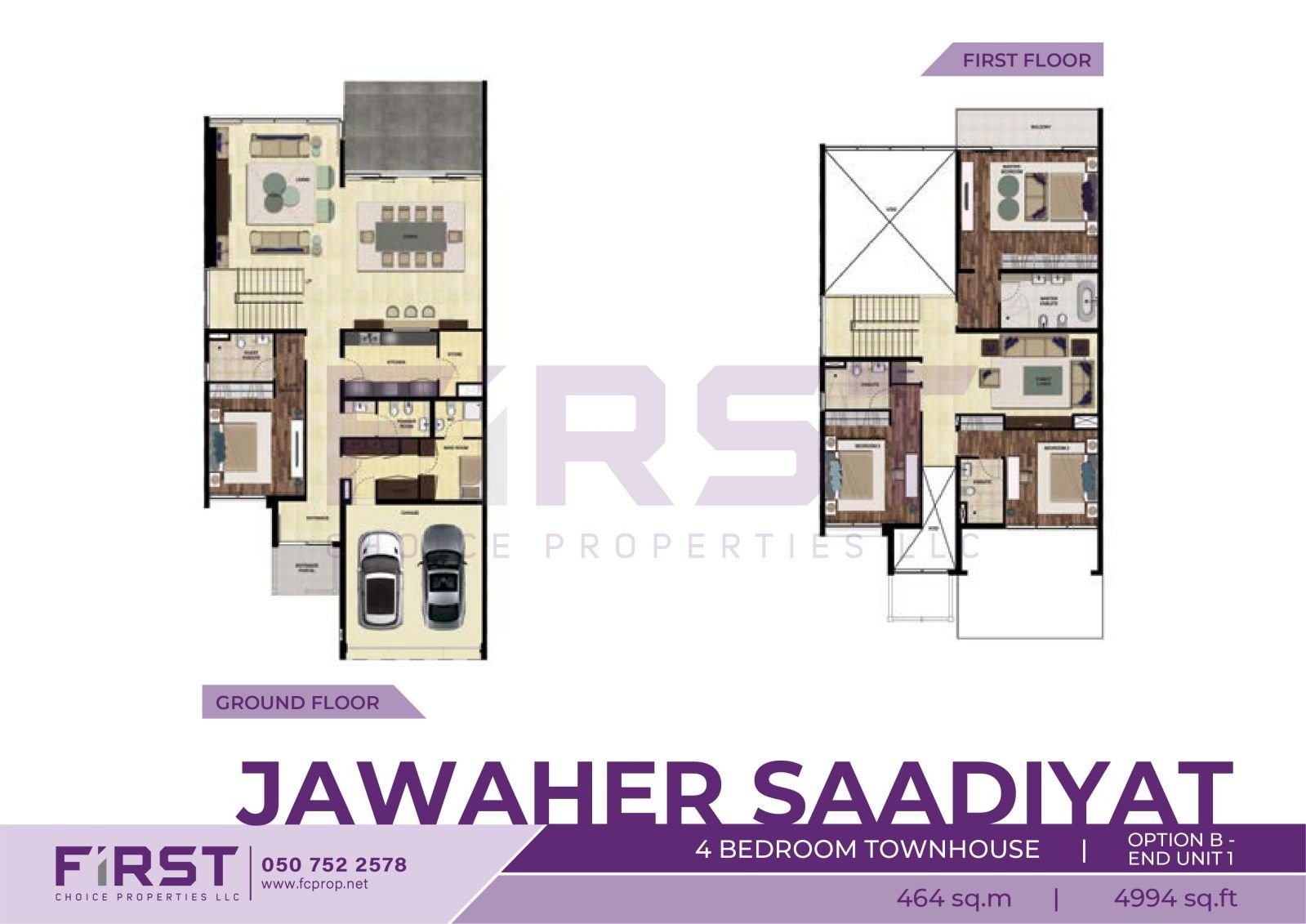 Floor Plan of 4 Bedroom Townhouse Option B End Unit 1 in Jawaher Saadiyat Saadiyat Island Abu Dhabi UAE 464 sq.m 4994 sq.ft.jpg