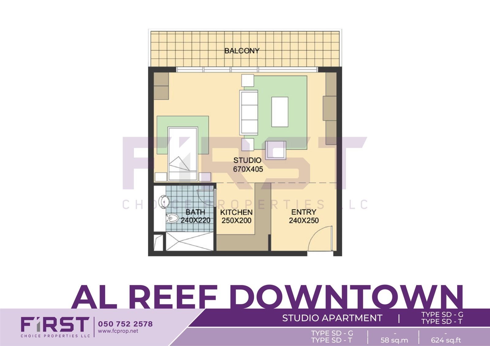 Floor Plan of Studio Apartment TYPE SD-T in Al Reef Downtown Al Reef Abu Dhabi UAE 58 sq.m 624 sq.ft.jpg
