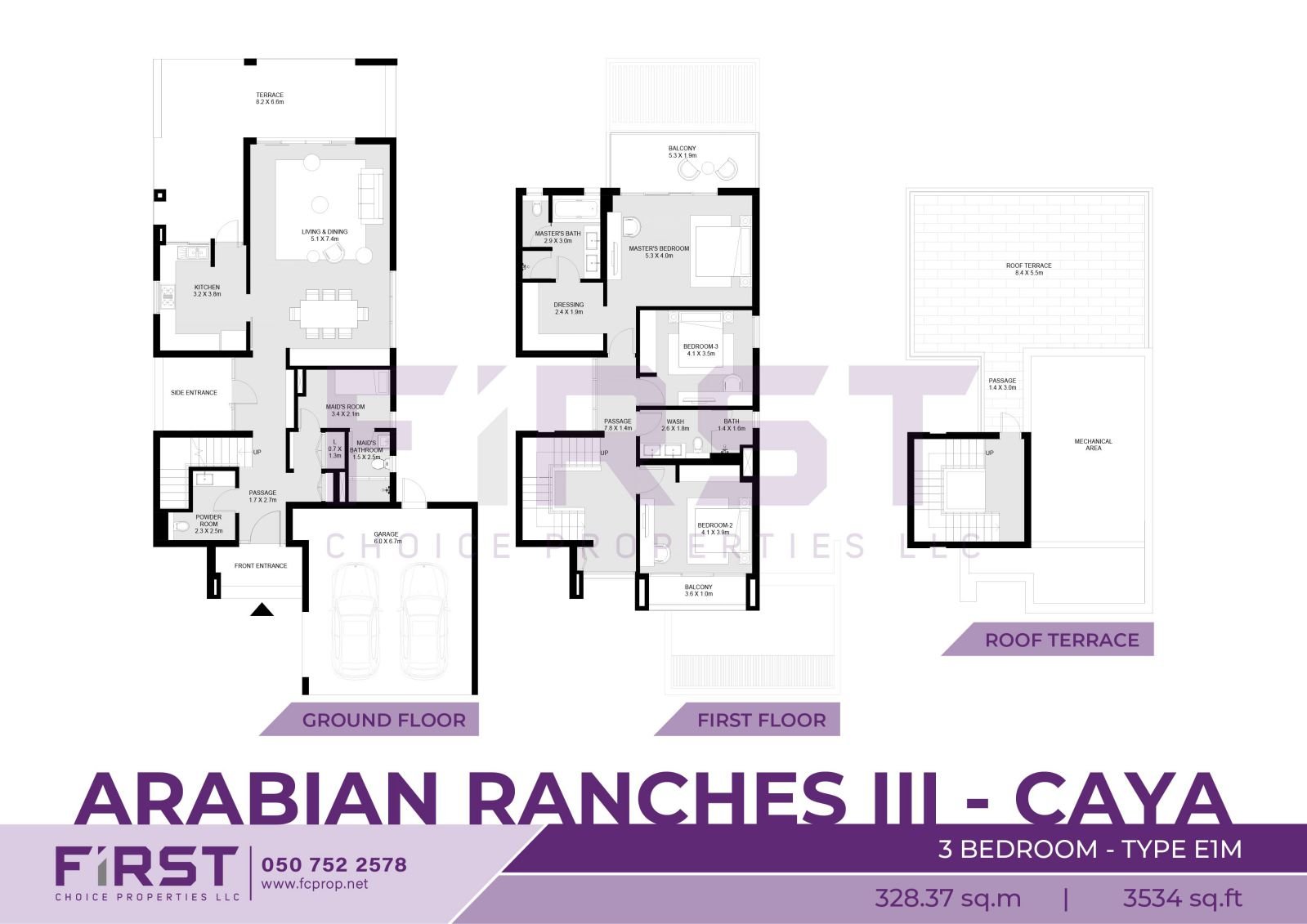 Floor Plan of 3 Bedroom  Type E1M in Arabian Ranches III Caya Dubai UAE 328.37 sq.m 3534 sq.ft.jpg
