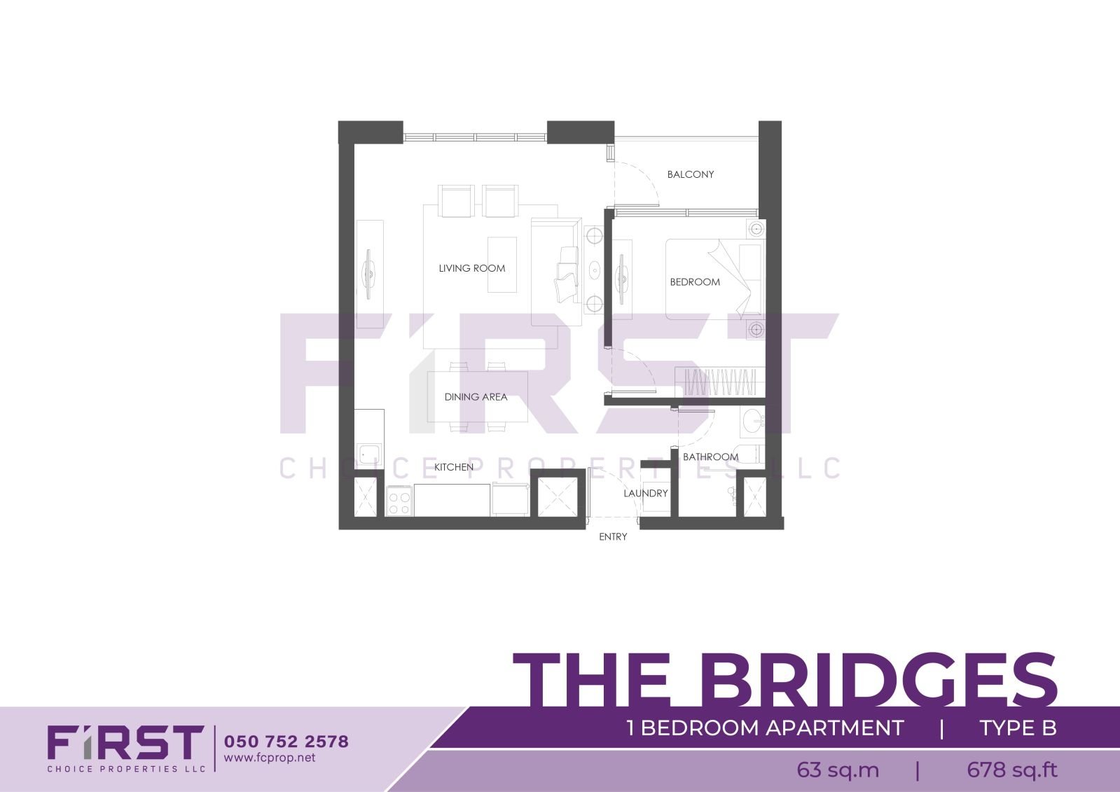 Floor Plan of 1 Bedroom Apartment Type B in The Bridges Al Reem Island Abu Dhabi UAE 63 sq.m 678 sq.ft.jpg