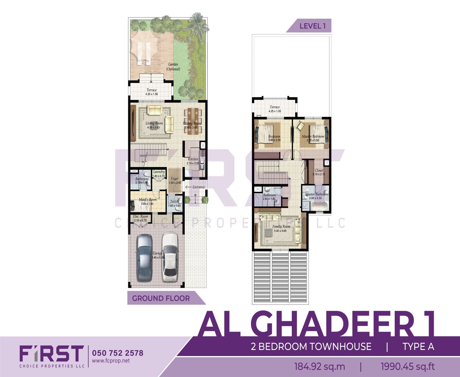 Floor Plan of 2 Bedroom Townhouse  Type A in Al Ghadeer Phase 1 Abu Dhabi UAE 184.92 sq.m 1990.45 sq.ft.jpg