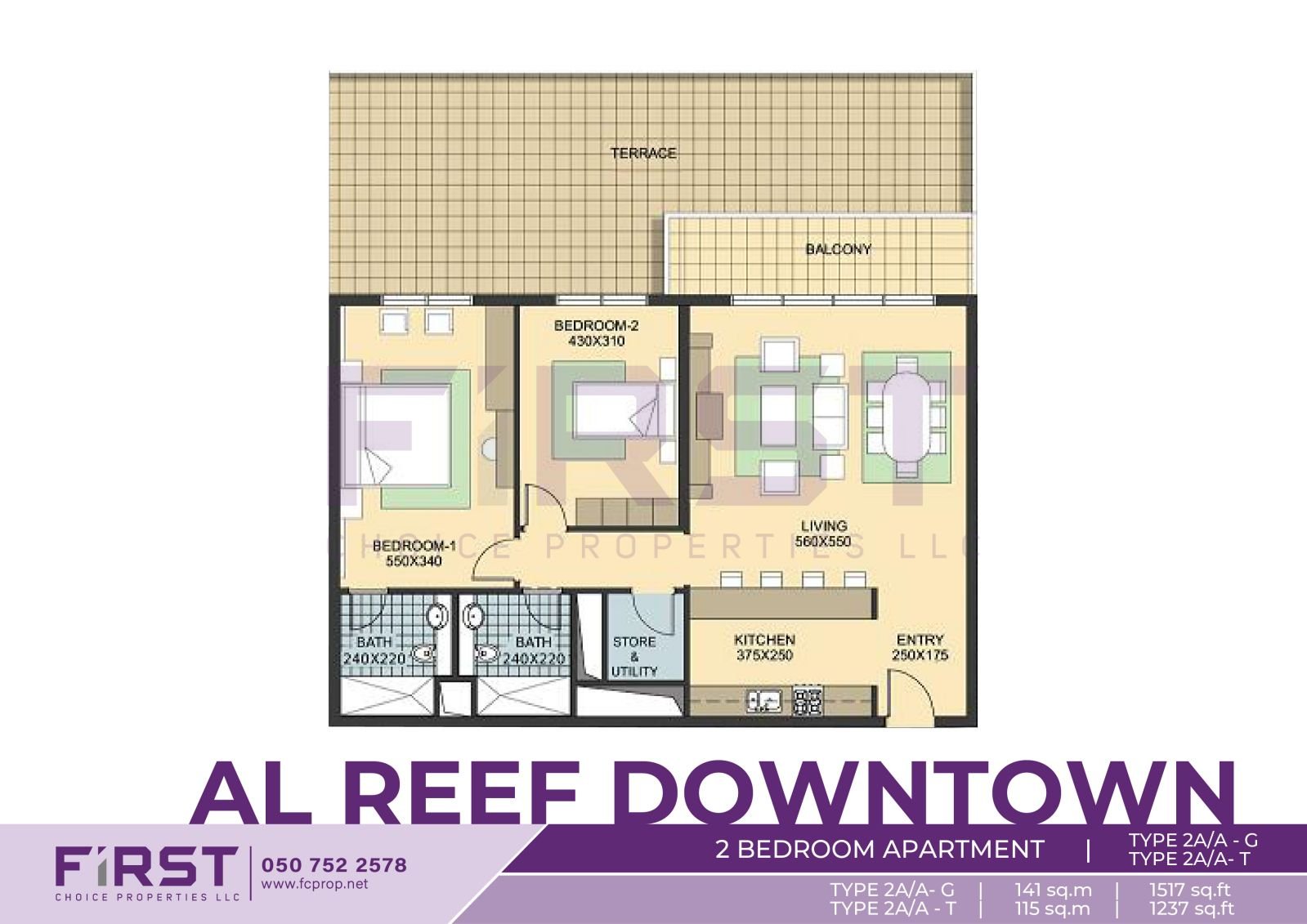 Floor Plan of 2 Bedroom Apartment TYPE 2AA-G in Al Reef Downtown Al Reef Abu Dhabi UAE 141 sq.m 1517 sq.ft T 115 sq.m 1237 sq.ft.jpg