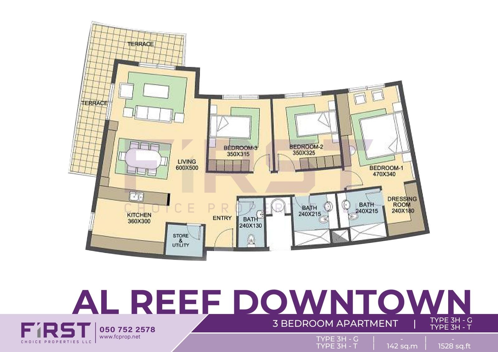 Floor Plan of 3 Bedroom Apartment TYPE 3H-T in Al Reef Downtown Al Reef Abu Dhabi UAE 142sq.m 1528 sq.ft.jpg